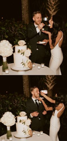 two pictures of a bride and groom feeding each other cake