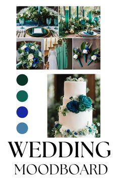 wedding mood board with blue, green and white flowers on the top tiered cake