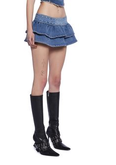 Generation Kiss Denim Studded Ruffled Mini Skirt - Blue – Dolls Kill Edgy Ruffled Mini Skirt, Edgy Tiered Skirt With Ruffles, Edgy Ruffled Skirt For Spring, Edgy Tiered Mini Skirt For Summer, Edgy Tiered Mini Skirt For Spring, Edgy Ruffled Skirt Bottoms For Spring, Edgy Bottoms With Ruffled Skirt For Spring, Denim Mini Skirt With Ruffles, Denim Ruffled Mini Skirt