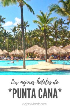 the beach with palm trees and thatched umbrellas is featured in this postcard