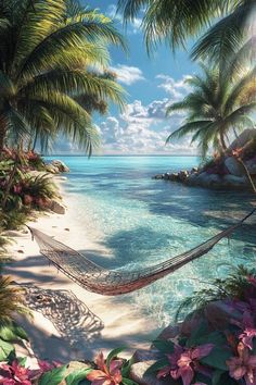 a hammock on the beach surrounded by palm trees and flowers with water in the background