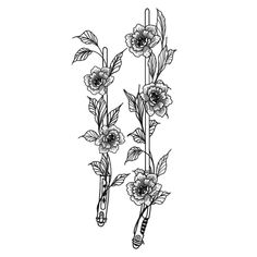 two flowers with leaves and scissors on the stems are drawn by hand in black ink