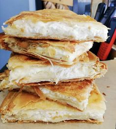 a stack of food sitting on top of a table