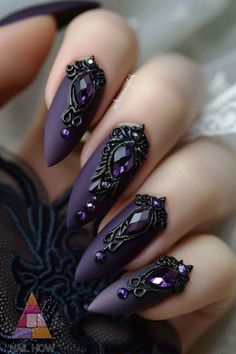 Dark Fall Nail Ideas, Purple Silver Wedding, Nails Crystals, Matte Purple Nails, Royal Purple Wedding, Royal Nails, Fall Nail Art Ideas