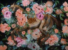 an oil painting of a horse surrounded by flowers and leaves on a black background with pink roses