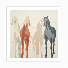 three horses standing side by side in front of a white background with orange and blue colors