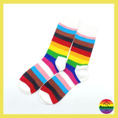 Progress Pride stripes socks - one size for adult Casual Multicolor Summer Socks, Casual Multicolor Socks For Summer, Casual Striped Summer Socks, Fun Multicolor Summer Socks, Retro Multicolor Cotton Socks, Playful Multicolor Cotton Socks, Trendy Striped Socks For Spring, Rainbow Wardrobe, Pride Socks