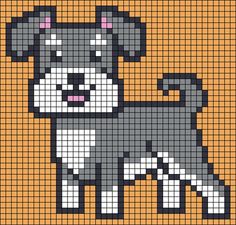 a cross stitch pattern with a black and white dog on it's chest, in front of an orange background