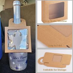 an open cardboard box with a bottle in it and instructions on how to fold the lid