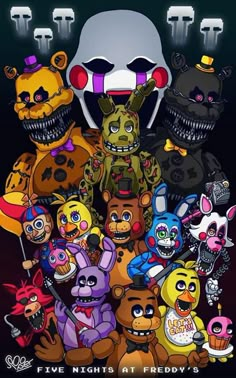 a group of cartoon characters standing next to each other in front of a black background