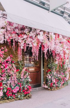 pink and red flowers are growing on the outside of a building with white awnings