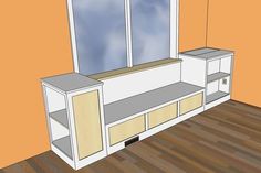 a drawing of a window seat in a room