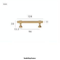 an image of a brass handle on a white background with measurements for the handles and knobs