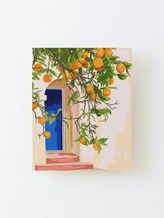 an orange tree with fruit hanging from it's branches in front of a blue door