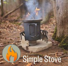 a camp stove with the words simple stove on it and an image of a fire