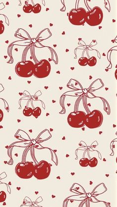 cherries with bows and hearts on a white background for wallpaper or fabric design