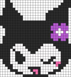 a cross stitch pattern with a black and white cat wearing a purple flower in it's hair