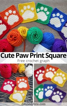 crochet paw print square is shown in different colors and sizes, with the words cute