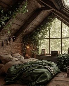 a bed sitting under a window in a bedroom next to a plant filled wall with potted plants