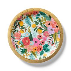 a colorful floral tray with gold rims on a white background, decorated with flowers and leaves