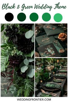 green and black wedding theme with flowers, greenery and place settings for the table