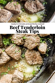 beef tenderloin steak tips in a skillet