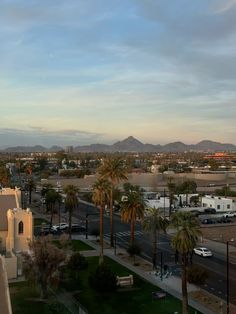 an aerial view of a city with palm trees and mountains in the background