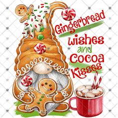 gingerbread wishes and cocoa kisses are featured in this christmas card with candy canes