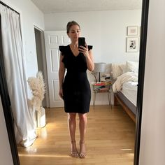 Black With Ruffle-Esque Shoulder. Never Worn But Tag Removed. Chic Black Workwear Dress, Flattering Black V-neck Mini Dress, Chic Black Midi Dress For Work, Chic Black Mini Dress For Work, Flattering Black Midi Dress For Night Out, Black Midi Dress For Night Out, Black Cocktail, Black Cocktail Dress, The Social