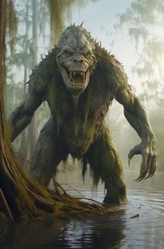 an image of a swamp monster in the water with its mouth open and teeth out