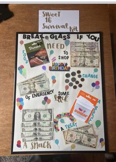 a bulletin board with money and other items on it