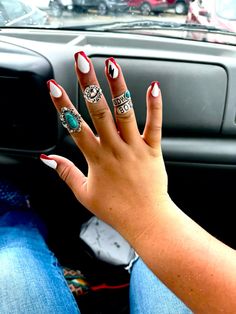 Western Nails, no cow print. Western Lightning Bolt Nails, Red Punchy Nails, Western Inspo Nails, Red Western Nail Ideas, Western Nail Inspiration, Basic Winter Nails Simple, Western Concert Nails, Red Country Nails