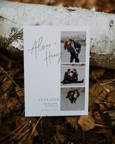 the wedding announcement is displayed on a piece of wood in front of a birch tree