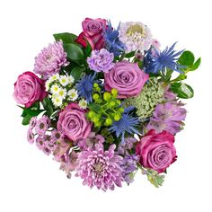 a bouquet of purple flowers and greenery on a white background with clippings