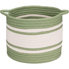 a large green and white striped basket