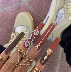 November Nails Fall Acrylic Long, Long Nails Flower Design, Scorpio Nails Acrylic Long, Fall Nail Designs Short Almond Shape, Neutral Medium Nails, November Nails Plaid, Fall Nails Orange And Brown, Long Coffin Fall Nail Designs, Champagne Rhinestone Nails