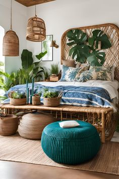 a bedroom with plants and wicker furniture