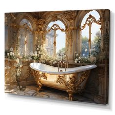 an ornate bathroom with gold bathtub and flowers in the window sill canvas wall art print