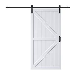 a white barn door with black hardware on the top and bottom bars, against a white background