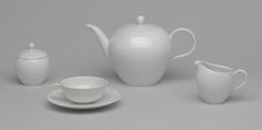 white porcelain tea set with saucer, cup and saucer on grey background - 3docn