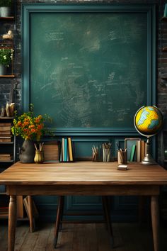 a wooden table topped with books next to a chalkboard