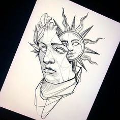 a black and white drawing of a man's face with the sun above his head