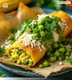 a burrito filled with peas, cheese and cilantro