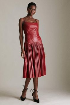 Leather Pleat And Stud Detail Midi Dress Dark Luxury, Leather Midi Dress, Red Midi Dress, Style Skirt, Leather Dresses, Karen Millen, Leather Dress, After Dark, Dress Red