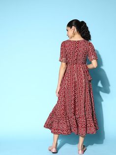 Maroon and white bandhani print fit and flare dressBoat neckShort, regular sleevesTie-up detailMidi length in flounce hem hemCotton fabric Bandhani Print, Printed Gowns, Wrap Midi Dress, Printed Sarees, Blouse Piece, Fit And Flare Dress, Xl Dress, Boat Neck, Fit & Flare