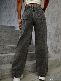 Orcajump - Ripped Holes Casual Straight Jeans, Loose Fit Non-Stretch Denim Pants, Women's Denim Jeans & Clothing Women Ripped Jeans, Ripped Denim Pants, Womens Ripped Jeans, Long Sleeve Swimwear, Denim Cargo Pants, Womens Fashion Jeans, Denim Patterns, Bell Bottom Pants, Wide Leg Pant