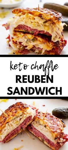 keto cabbage reuben sandwich cut in half and stacked on top of each other with text overlay