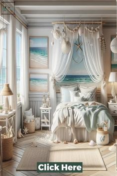 an image of a bedroom setting with sea shells on the bed and ocean themed decor