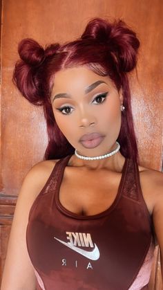 Messy bun pigtail frontal hairstyle  on burgundy frontal wig 2 Pig Tails Half Up Half Down, Pig Tail Hairstyles Women, Burgundy Frontal Wig, Messy Pigtails, Pigtails Hairstyles, Pigtail Buns, Two Buns Hairstyle, Soft Era, Tail Hairstyle