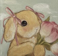 a painting of a teddy bear with flowers